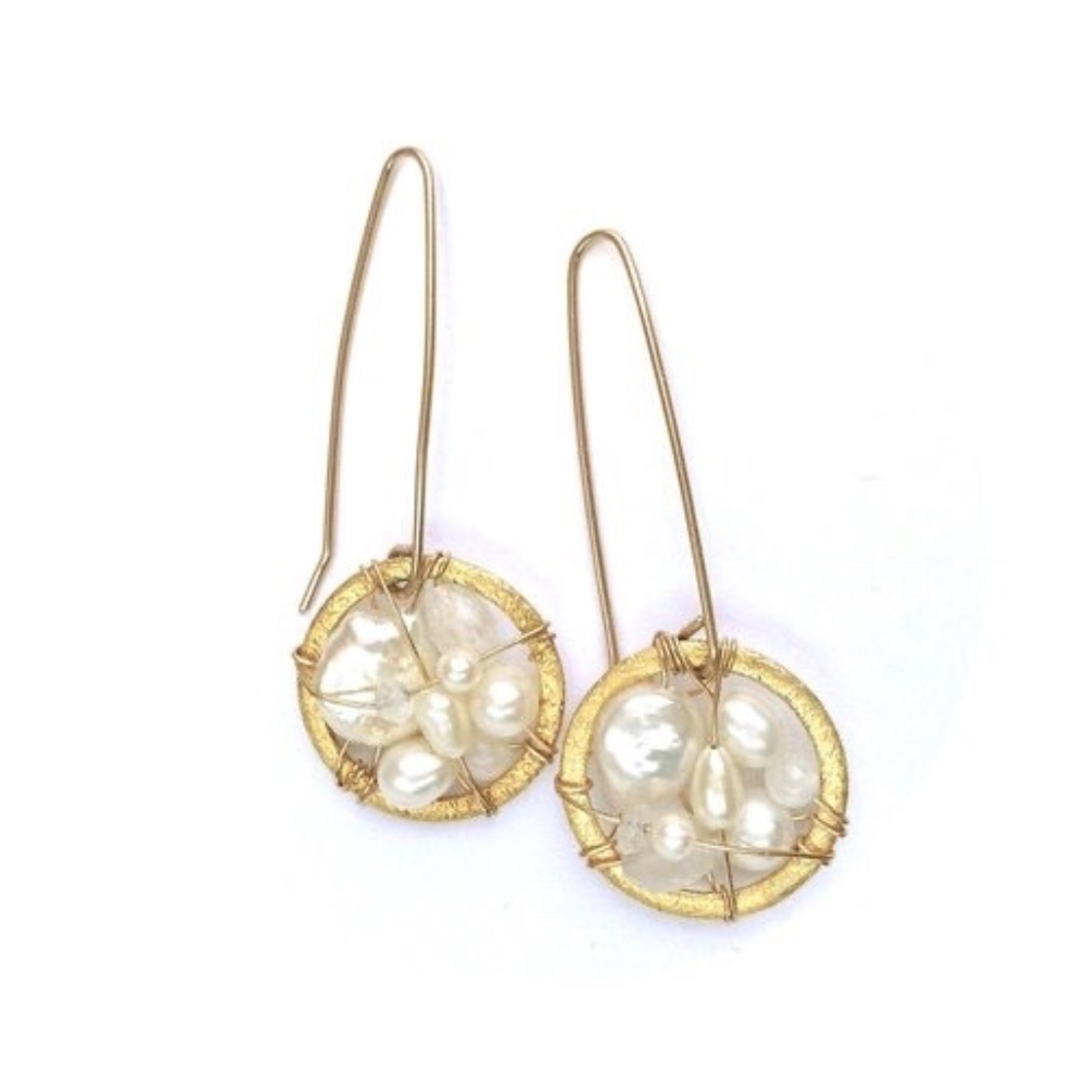 Handcrafted Freshwater Pearl Moonstone Dream Catcher Dangle Earrings Gold NEW